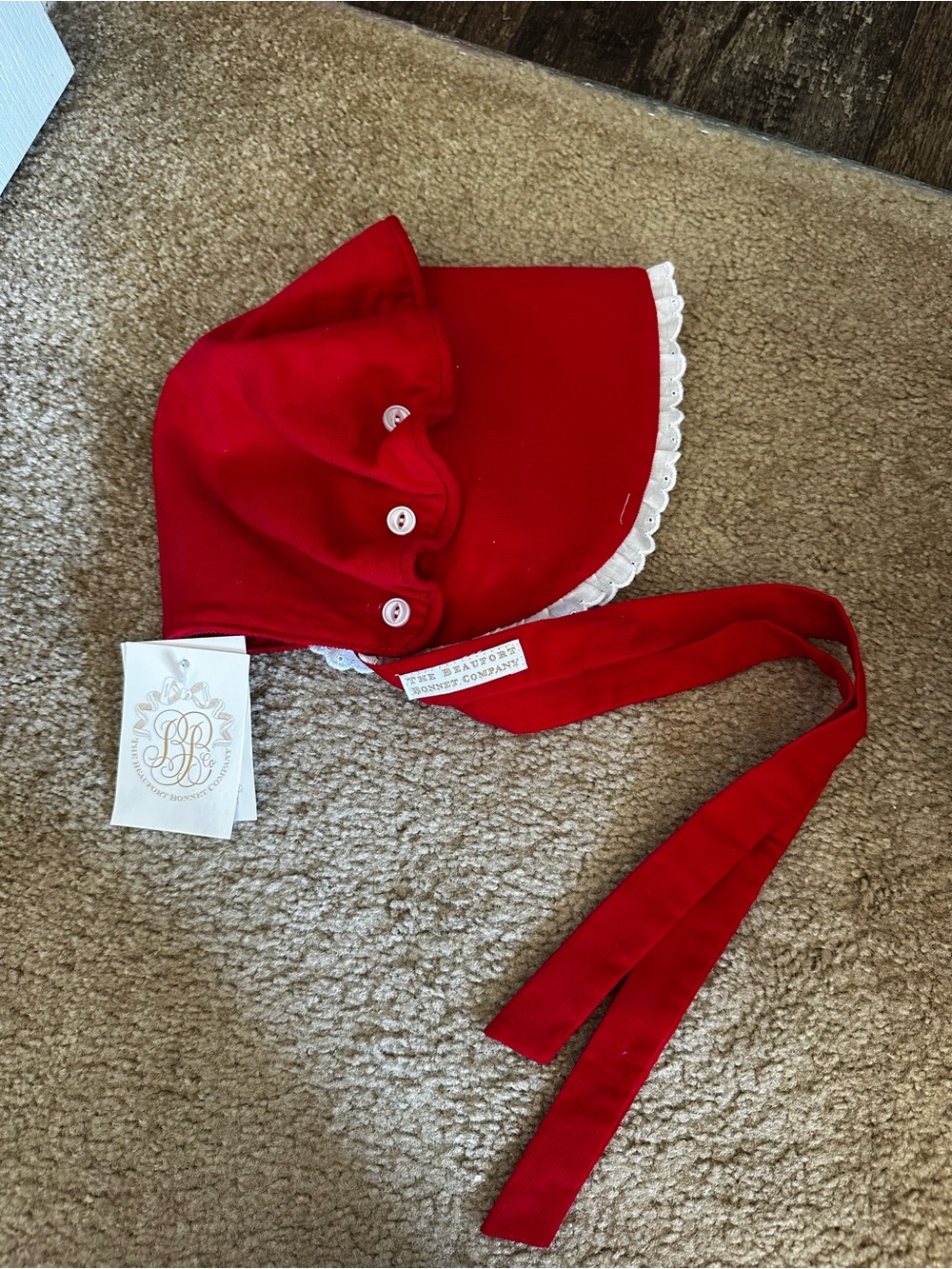 The Beaufort Bonnet Company Red Baby Bonnet with White Lace